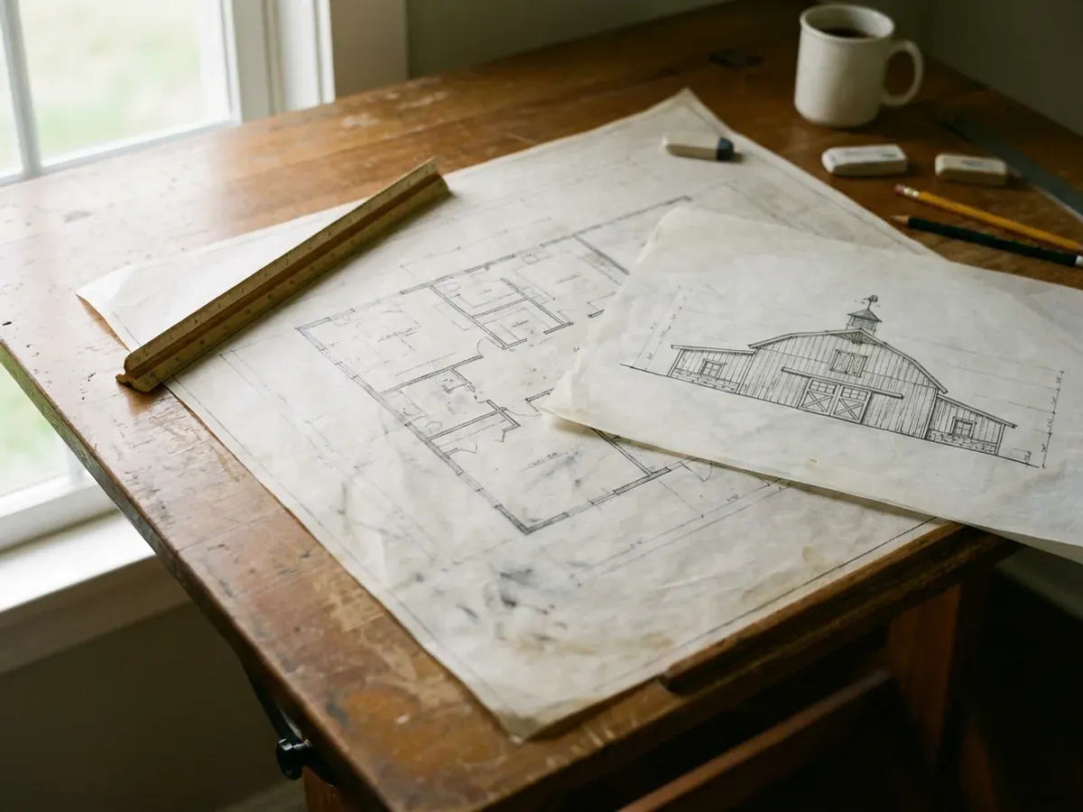 Barndominium floor plan and elevation drawings laid out on a drafting table with a scale rule.