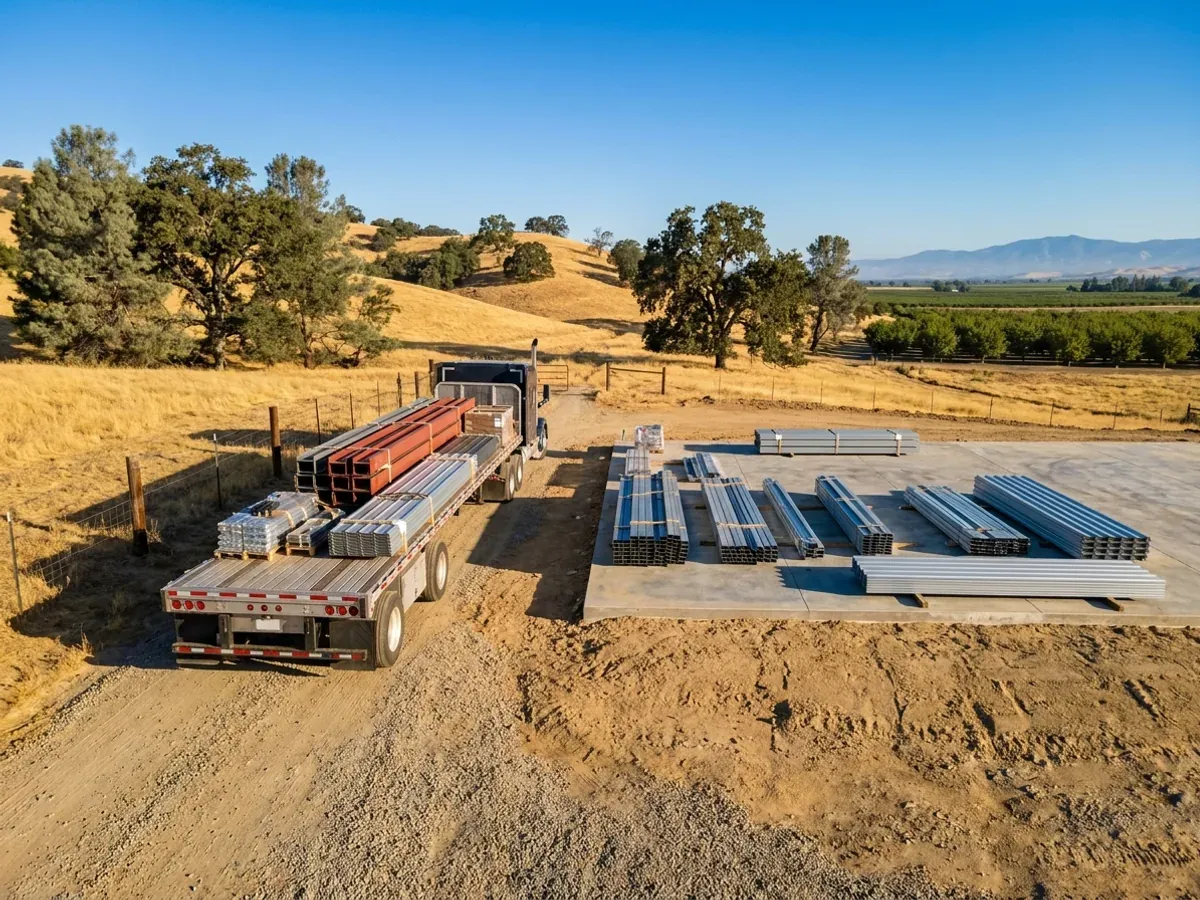 A flatbed truck beside a finished concrete slab, with banded steel frame members and roof panels staged on a gravel pad and golden oak-dotted hills behind.