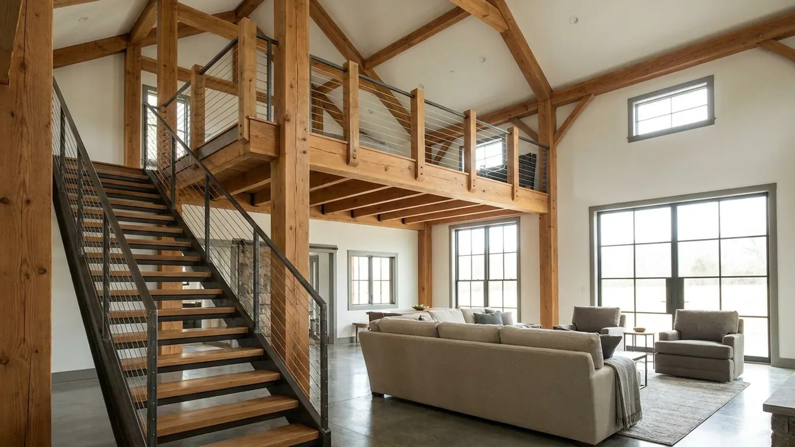 A barndominium great room with an open loft level and railing built over part of the room, reached by an open staircase.