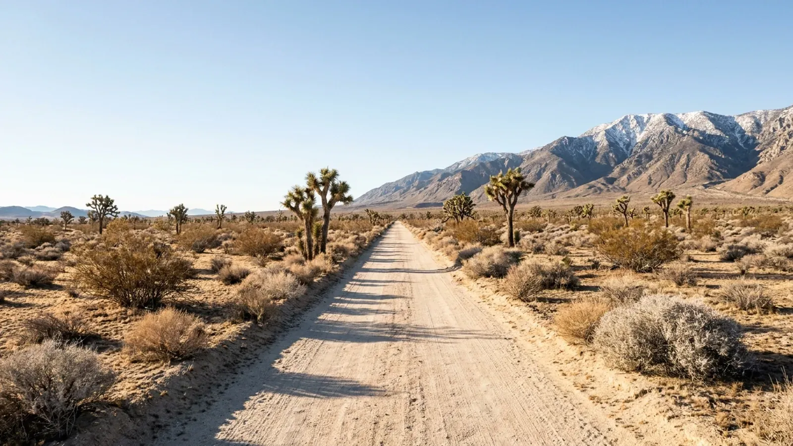 Flat high desert with scattered Joshua trees and creosote bush, a dirt road and snow-dusted mountains along the southern horizon.