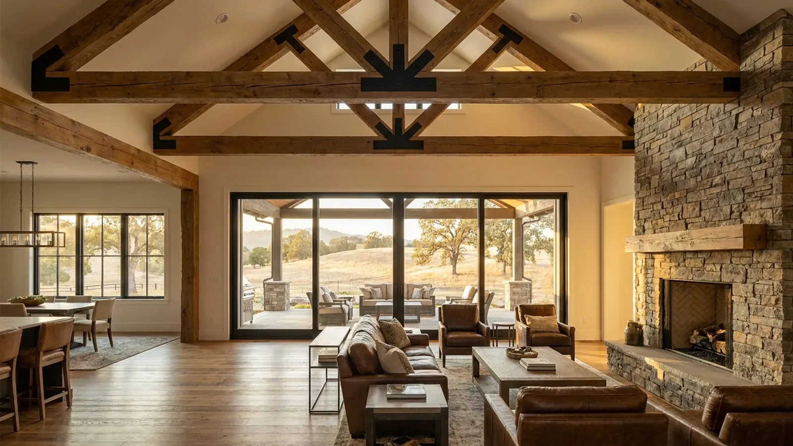 A vaulted barndominium great room with exposed wood trusses, a wall of glazed sliding doors, and a stone-clad fireplace.