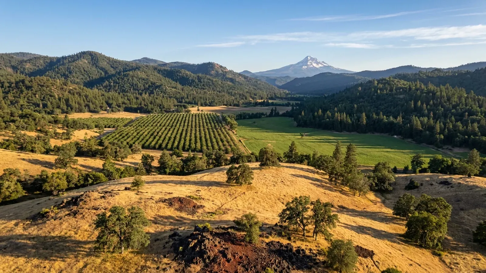 Oak woodland on golden hills in California’s North State, an almond orchard on the valley floor and a lone snow-capped volcanic peak far on the horizon.
