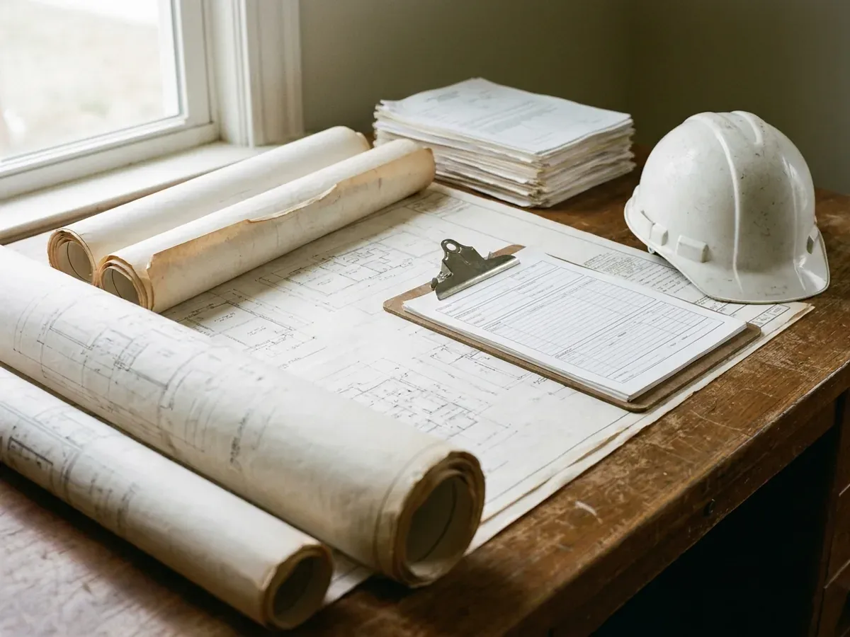 A building permit submittal package on a desk with rolled construction drawings, forms on a clipboard, and a hard hat.