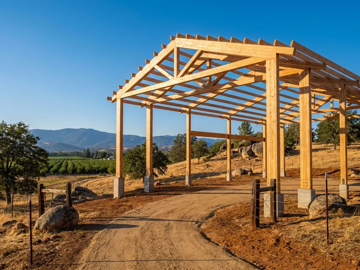 A pole barn home under construction, showing laminated timber columns on concrete piers and wide-span roof trusses with no interior bearing walls.