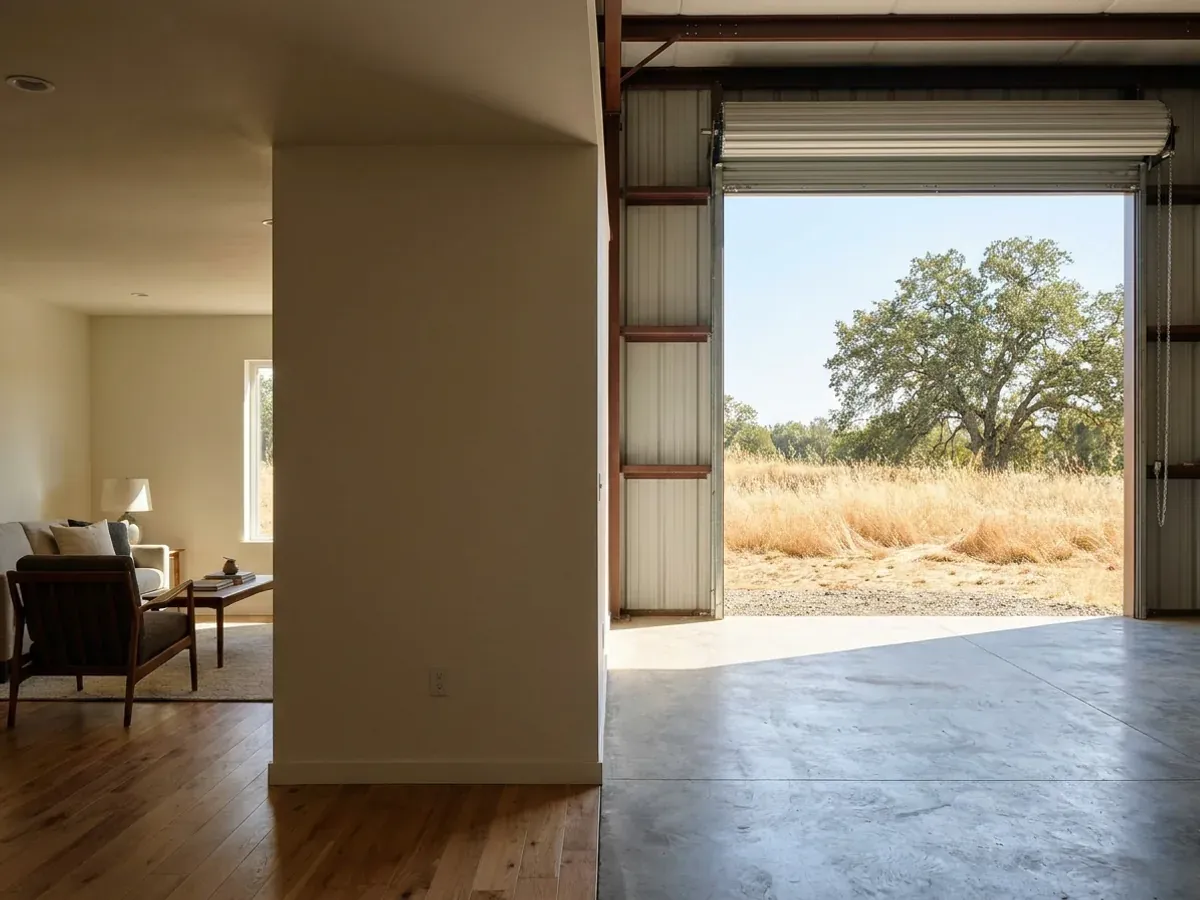 The interior of a shouse where a finished living area with warm flooring meets a shop bay with polished concrete and a tall roll-up door open to sunlight.