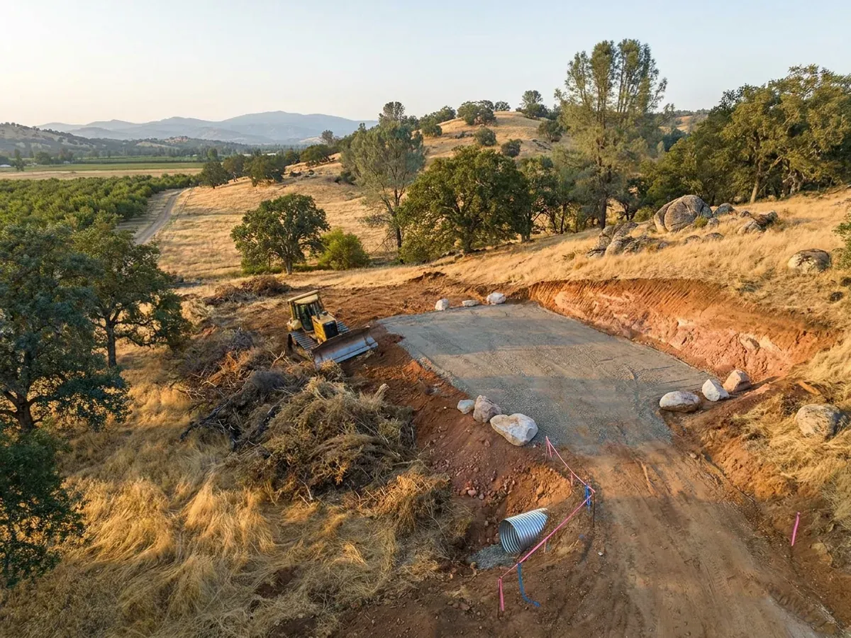 A dozer clearing dry brush on a rural parcel beside a compacted crushed-rock building pad, with reddish-brown subsoil in the cut and a culvert set at the driveway entrance.