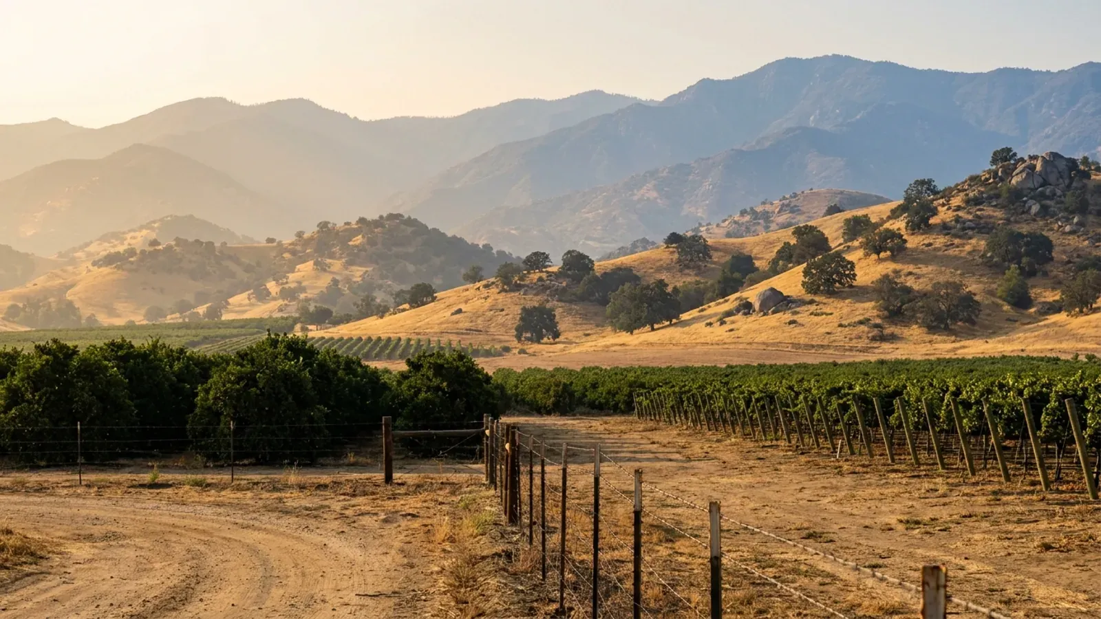 Citrus groves and a vineyard on the flat southern San Joaquin Valley floor, rising into golden oak-dotted foothills and hazy mountains.